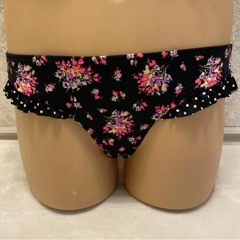 Victoria's Secret Black and Pink Floral Polka Dot Ruffle Bikini